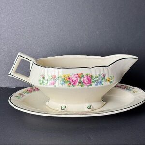 Vintage Myott Staffordshire Floral Cream Gravy Boat with Saucer England